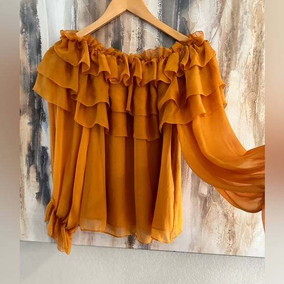 Alice + Olivia Tops - 🆕ALICE + OLIVIA Ersa 100% Silk Off-The-Shoulder
Autumn Gold Ruffle Blouse Small